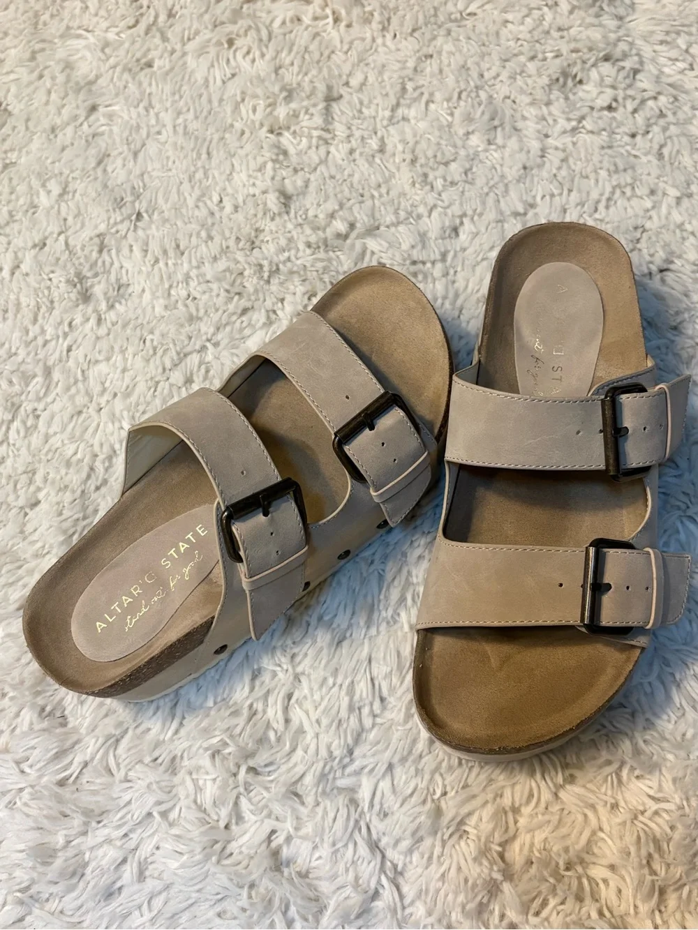 Altar'd State Serenna Platform Sandals Tan Double Buckle Slide Footbed Chunky